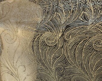 Gold Glitter Sequin Lace Fabric - Nude Mesh, Scallop Edge Swirl