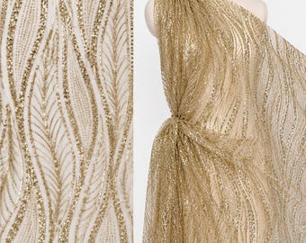 Gold Sequin Mesh Fabric by the Yard – Luxury Glitter Lace Fabric for Bridal Gown, Prom Dress, Evening Wear, Couture Sparkly Fabric
