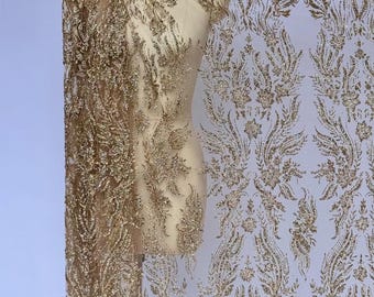 Gold Glitter Floral Lace Fabric by the Yard, Bridal Lace Fabric, Gold Prom Dress Fabric, Sparkle Mesh Lace, Wedding Gown Fabric
