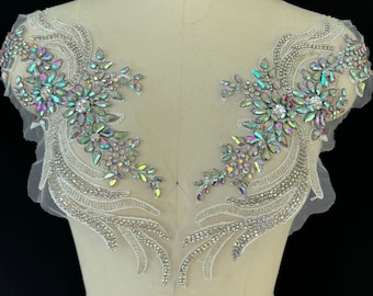 Silver Rhinestone Floral Applique: Beaded Crystal Embroidery DIY Patches (Set of 2)