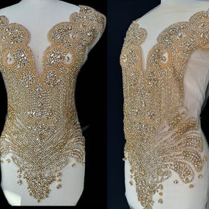 Gold Rhinestone Applique Bodice Panel For Prom Dress Evening Gown DIY Embellishment Crystal Beaded Couture Fabric Sewing Supply