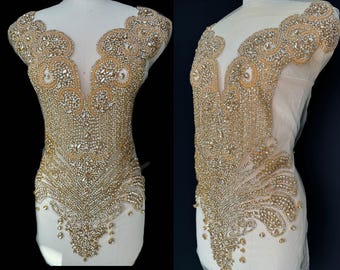 Gold Rhinestone Applique Bodice Panel: Crystal Beaded Couture Fabric