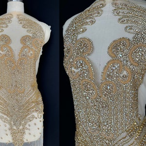 Gold Rhinestone Applique Full Embellishment Bodice Dress Beaded Sew On Applique Evening Gown Crystal Shiny Embroidery Prom Quinceanera
