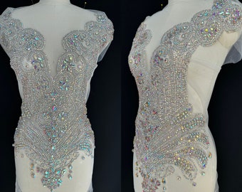 Silver Rhinestone Bodice Applique: Beaded Embroidery Sew-On Crystal Embellishment