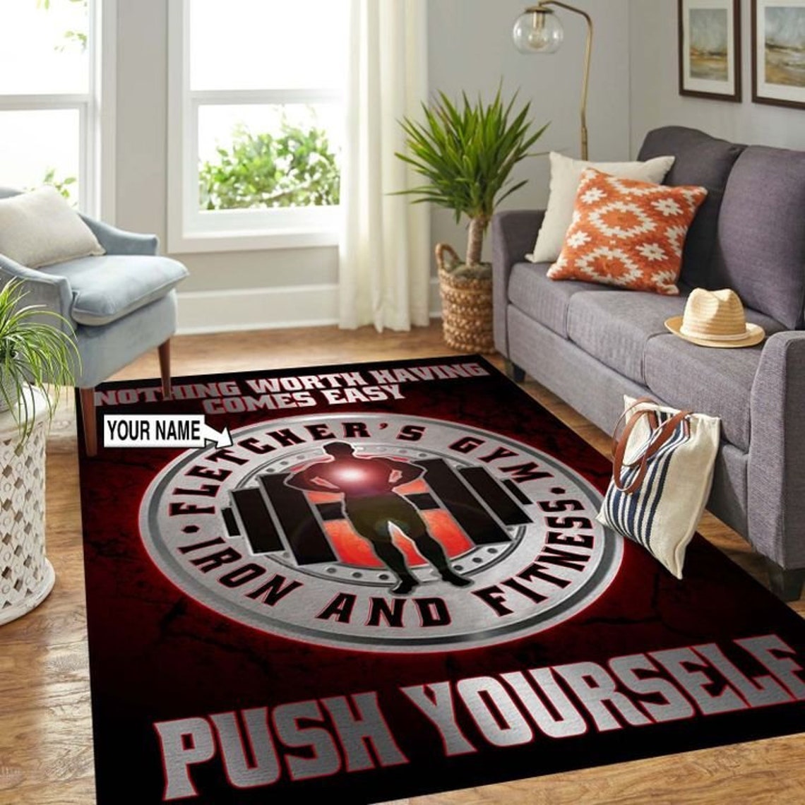 Personalized Gym Decor Area Rug Push Yourself Personalized Rug Etsy