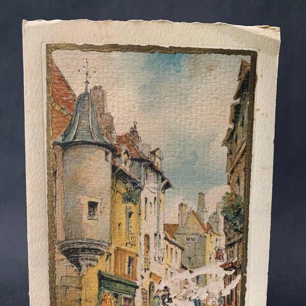 Antique handmade French Card with hand painted street scene Happy Christmas New Year some damage to front