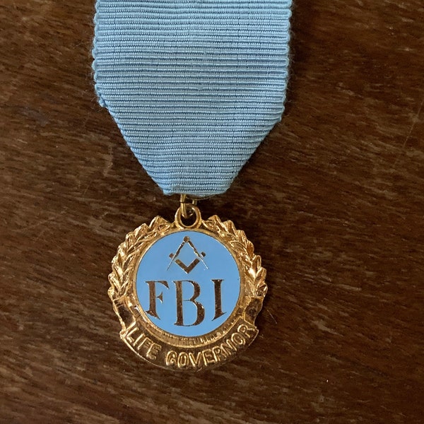 Vintage Masonic Breast Badge / Jewel FBI Life Govenor blue ribbon gold coloured pendant