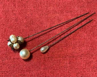 Three x Faux Pearl Vintage Hat Pins (chip to one bead)