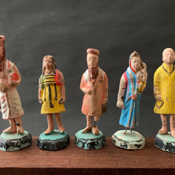 Set of Five Antique Handmade Clay/ Terracotta Figurines Hand Painted Folk Dolls Made in India some damage