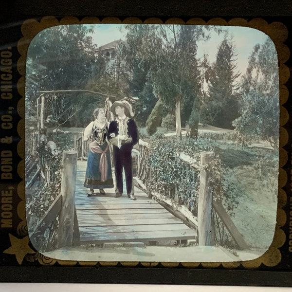 Antique Hand Coloured Glass Plate Slide Song: "Fanella" 1907 Moore, Bond & Co Chicago Magic Lantern Cinema Slide