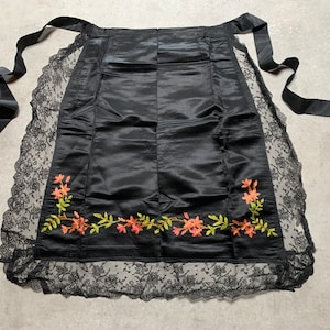 Antique Handmade Black Satin and Lace Apron embroidered floral design circa 1900s some damage