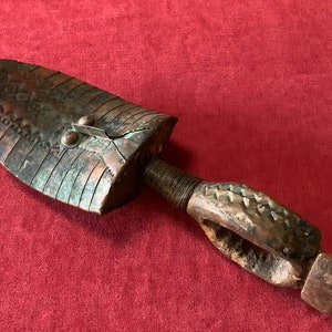 Old African Mbulu Ngulu Reliquary Guardian Figure Kota/ Mahongwe Bwete Ancestor Gabon Metal and Wood Sculpture damage to base