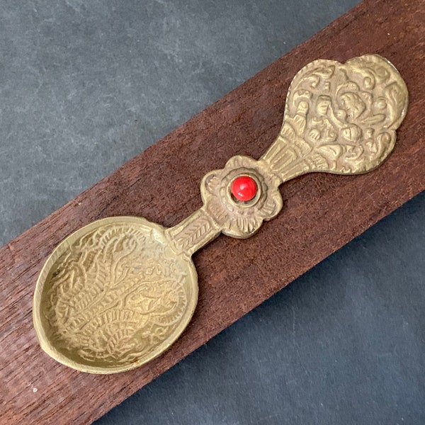 Antique Tibetan Tsog Brass Spoon with coral inlay circa 1920s Buddhist temple medicine spoon