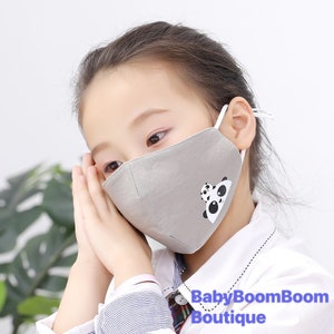 May include: A gray face mask with a panda design. The mask has adjustable ear loops and a nose wire. The mask is made of soft, breathable fabric.