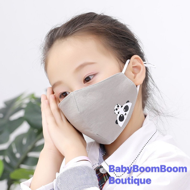 May include: A gray face mask with a panda design. The mask has adjustable ear loops and a nose wire. The mask is made of soft, breathable fabric.