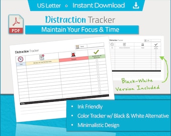 ADHD Distraction Tracker Printable: Focus Planner for Adults or Kids (PDF)