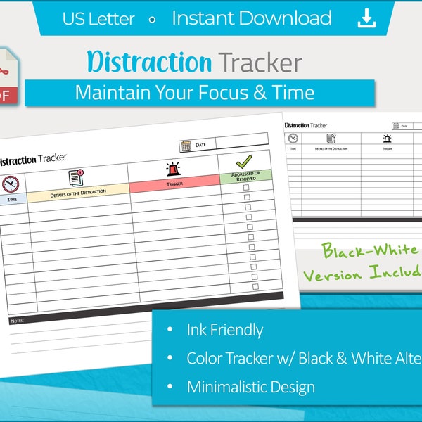 Printable ADHD Adult Planner and Distraction Planner Printable PDF for Adult ADHD or Kids. Instant Download for Focus & Concentration.