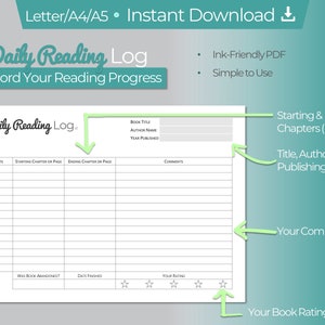 Reading Log Printable to Track Reading Activity with Reading List to Note Future Books to Read. Instant Download PDF