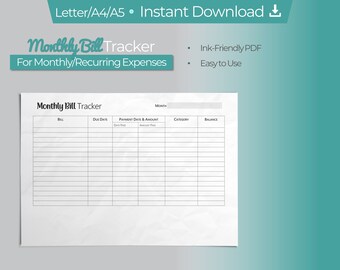 Monthly Bill Tracker Printable. PDF Instant Download for Bill Tracking