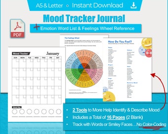Mood Tracker Journal Printable: Wellness Planner with Feelings Wheel (Digital Download)