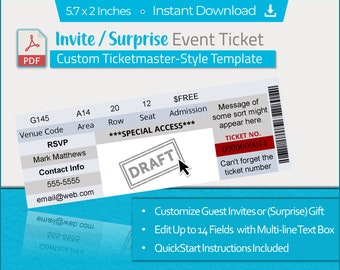 Modèle de billet d'événement à imprimer : Cadeau surprise pour un concert (Téléchargement numérique PDF)