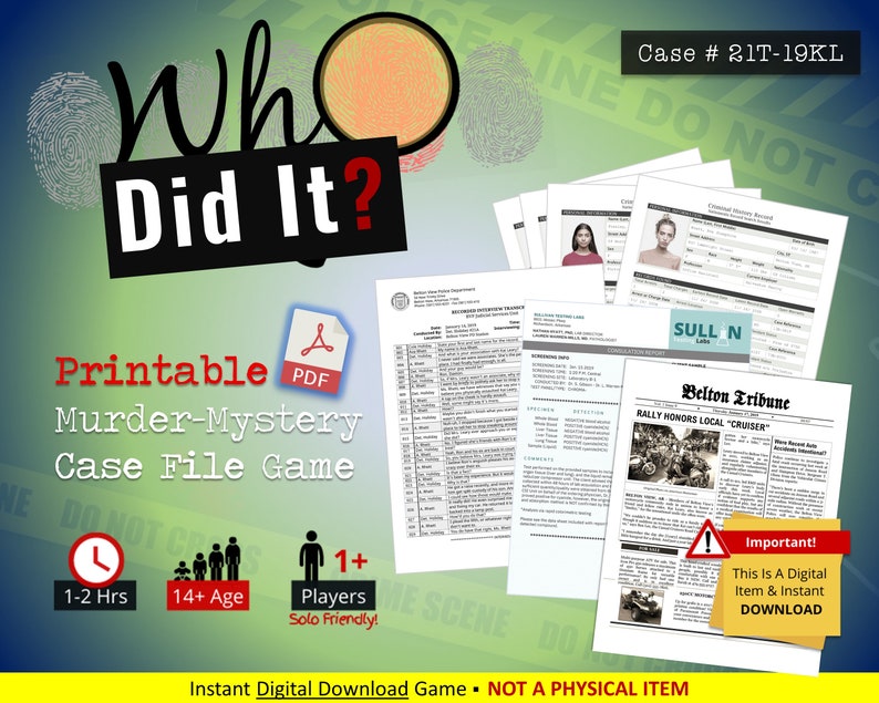PRINTABLE Case File Detective Game, Instant Download PDF Murder Mystery