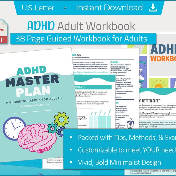 Adult ADHD Workbook Pdf, ADHD Journal, ADHD Worksheets Printable, Adhd Workbook Template and Adult Adhd Journal or Adhd Gift