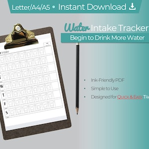 Water Intake Tracker to Track Water Consumption to Drink More Water. A PDF Instant Download Inspired by the Water Challenge for Hydration.