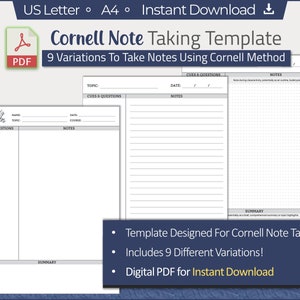 Szablon do robienia notatek Cornell w formacie PDF do wydruku - Papier do robienia notatek do nauki i notatek z wykładów - Planer nauki do pobrania natychmiast
