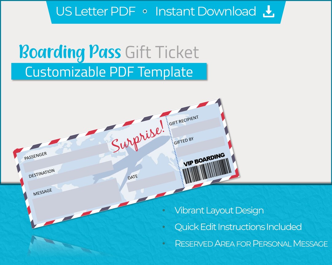 Surprise Airplane Airline Ticket Boarding Pass Template. Instant Download Printable PDF Travel ...
