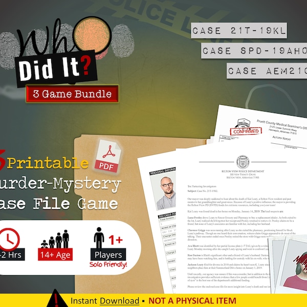 Juego de detectives de archivos de casos IMPRIMIBLE, Descarga instantánea PDF Juego de misterio de asesinato - Juegos de fiesta imprimibles para que adultos resuelvan un crimen
