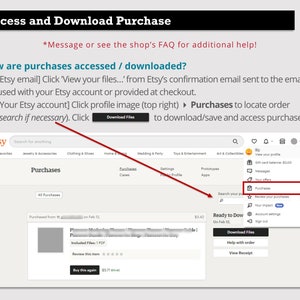 以下が含まれることがあります： Etsy のウェブサイトのスクリーンショットで、購入したデジタルファイルへのアクセス方法とダウンロード方法を示しています。画像には、Etsy アカウントメニューの「購入」オプションを指す赤い矢印が表示されています。画面のテキストには、「購入へのアクセス方法/ダウンロード方法」と「[Etsy のメールアドレス] Etsy からの確認メールで 'ファイルを表示...' をクリックします。このメールは、Etsy アカウントで使用されているメールアドレスまたはチェックアウト時に提供されたメールアドレスに送信されます。[Etsy アカウント] プロフィール画像 (右上) をクリックして、購入をクリックして注文を見つけます (必要に応じて検索します)。ダウンロードをクリックして、購入をダウンロード/保存してアクセスします。」と表示されています。
