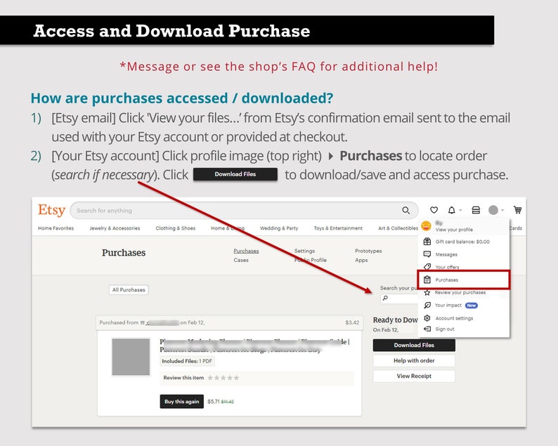 以下が含まれることがあります： Etsy のウェブサイトのスクリーンショットで、購入したデジタルファイルへのアクセス方法とダウンロード方法を示しています。画像には、Etsy アカウントメニューの「購入」オプションを指す赤い矢印が表示されています。画面のテキストには、「購入へのアクセス方法/ダウンロード方法」と「[Etsy のメールアドレス] Etsy からの確認メールで 'ファイルを表示...' をクリックします。このメールは、Etsy アカウントで使用されているメールアドレスまたはチェックアウト時に提供されたメールアドレスに送信されます。[Etsy アカウント] プロフィール画像 (右上) をクリックして、購入をクリックして注文を見つけます (必要に応じて検索します)。ダウンロードをクリックして、購入をダウンロード/保存してアクセスします。」と表示されています。