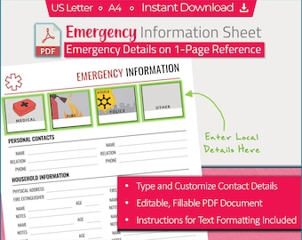 Home Emergency Contact Sheet: Fillable PDF Template (Digital Download)