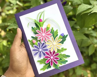 Paper Quilling Greeting Card, 3D Flowers, Unique gift, Craft card, Gift for her