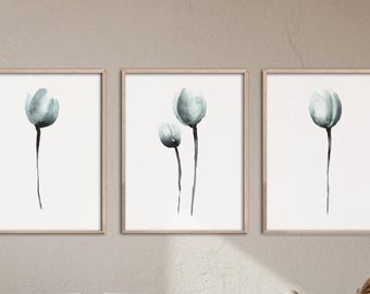 Blue Watercolor Floral Print Set, Minimalist Botanical Wall Art (Digital Download)