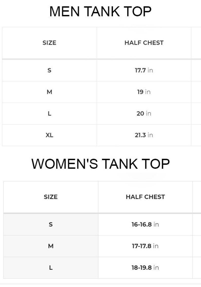 May include: Size chart for tank tops, showing measurements for half chest in inches. The chart includes sizes S, M, L, XL for men and S, M, L for women.