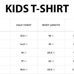 May include: Size chart for kids' t-shirts, showing sizes XS to XL with corresponding half chest, body length, and age ranges in inches and years.