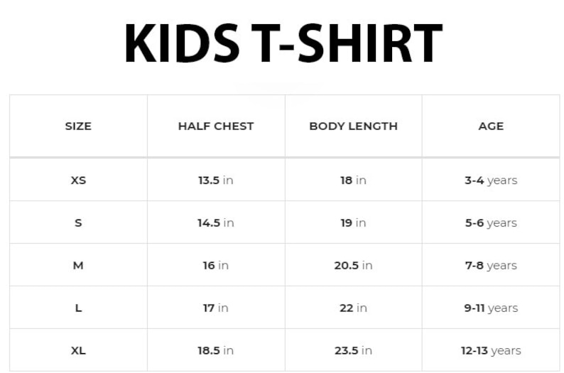 May include: Size chart for kids' t-shirts, showing sizes XS to XL with corresponding half chest, body length, and age ranges in inches and years.