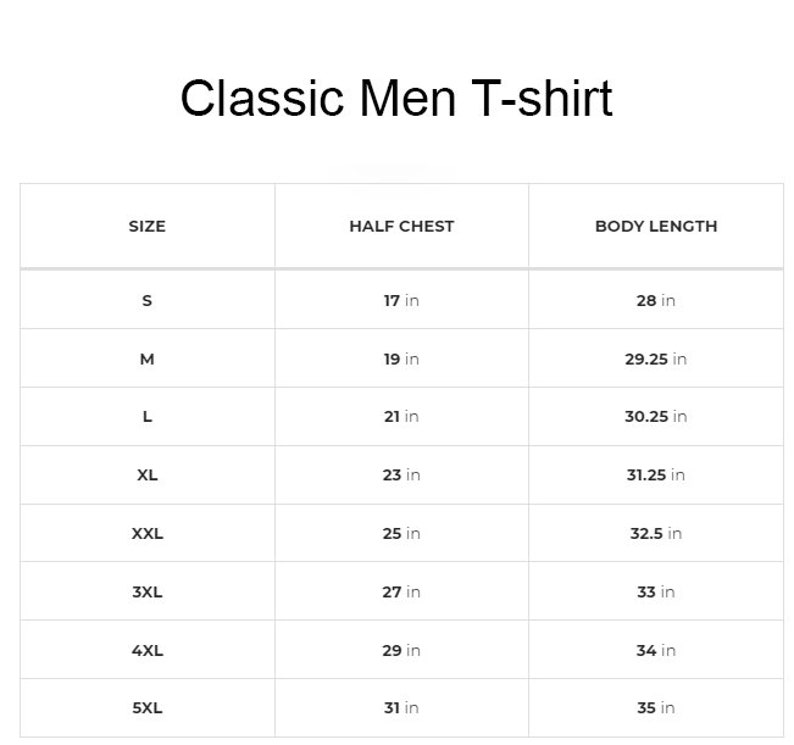 May include: Size chart for a classic men's t-shirt, showing the half chest and body length measurements in inches for sizes S through 5XL.
