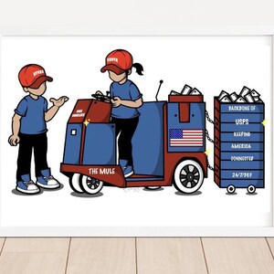 May include: A cartoon illustration of two people wearing red and blue hats, driving a blue and red mail truck with the words "The Mule" on the side. The truck is pulling a red and blue mail cart with the words "Backbone of USPS Keeping America Connected 24/7/365" on the side.