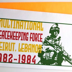 Karta Bejrut Liban Pamiętaj Międzynarodowe Siły Pokojowe Semper Fi 1982-1984 Camp Geiger USMC 40. rocznica Złota Gwiazda Ambasada Rodzinna