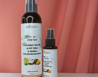 Coconut water, Aloe, Herbal spray | Curl refresher, Honey | MSM | Pimento | Sorrel | Guava | Papaya | Clove | Neem | Moringa | Ginger