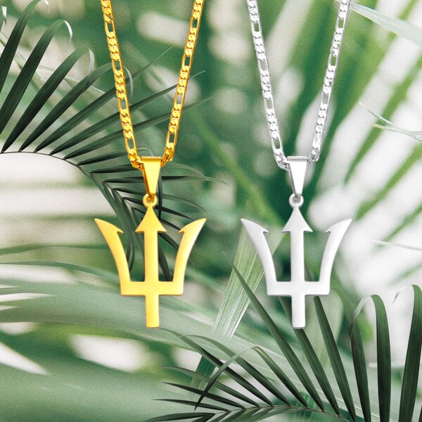 BARBADOS LARGE TRIDENT | Caribbean Island Necklace | Stainless Steel Pendant | Gold Plated | Gift | Pride | Americas | Chain | Charm