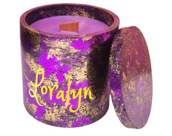 240g Handmade Candle & Lid | Black Purple Gold | Gift Box | Personalized | Choose Your Design | Customisable | 50H | Jesmonite | Burn + Keep