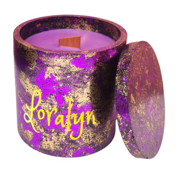 240g Handmade Candle & Lid | Black Purple Gold | Gift Box | Personalized | Choose Your Design | Customisable | 50H | Jesmonite | Burn + Keep