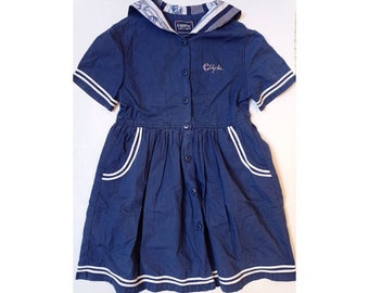 90s vintage girl dress Chipie size 6 years / navy patterned dress / navy collar dress