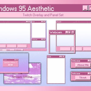 Pink Windows 95 Retro Twitch Overlay Starter Pack - Animated Overlays - Panels - Webcam Borders - Pastel - Aesthetic