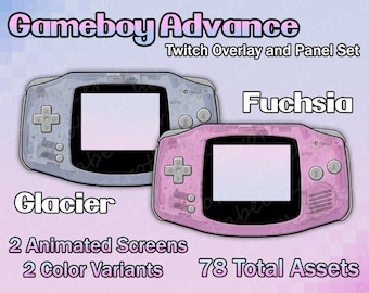 May include: A digital illustration of two Game Boy Advance consoles, one in a light blue color and the other in a pink color. The text "Gameboy Advance" is at the top of the image, and the text "Twitch Overlay and Panel Set" is below it. The text "Glacier" is below the light blue Game Boy Advance console, and the text "Fuchsia" is below the pink Game Boy Advance console. The text "2 Animated Screens" and "2 Color Variants" are below the consoles, and the text "78 Total Assets" is at the bottom of the image.
