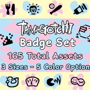 Op de afbeelding: Een set Tamagotchi-badges met 165 totale assets in 3 maten en 5 kleuropties. De badges bevatten verschillende gepixelde karakters en pictogrammen, waaronder een vork en mes, een gloeilamp, een honkbalknuppel, een spuit, een eend, een snelheidsmeter, een Pac-Man en een smiley.